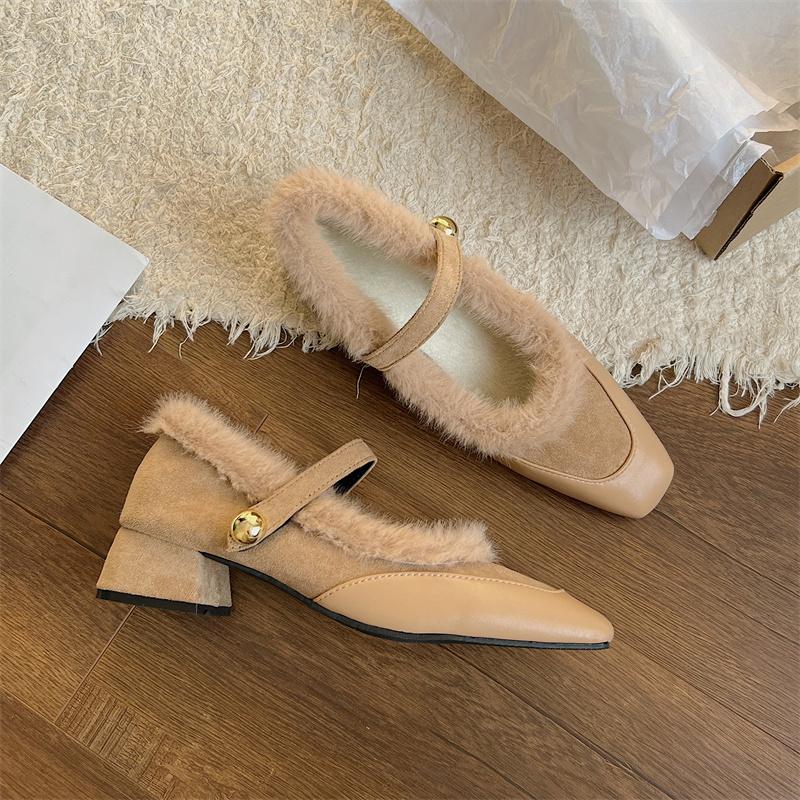 Women Fur Mid Heels Marie Janes Square Toe Shoes 2025 Brand Trend New Short Plush Warm Fad Elegant Dress Pumps Chaussures Femme