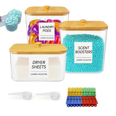 Laundry Pods Container and Dryer Sheet Holder Set, Clear Laundry Room Organization Containers with Bamboo Lids, Scoops for Pods