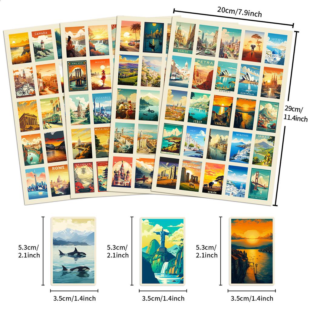 100 Stickers Of Scenic Posters From Various Countries, 4 Stickers Of Tourist Scenic Posters From Characteristic Cities Around The World