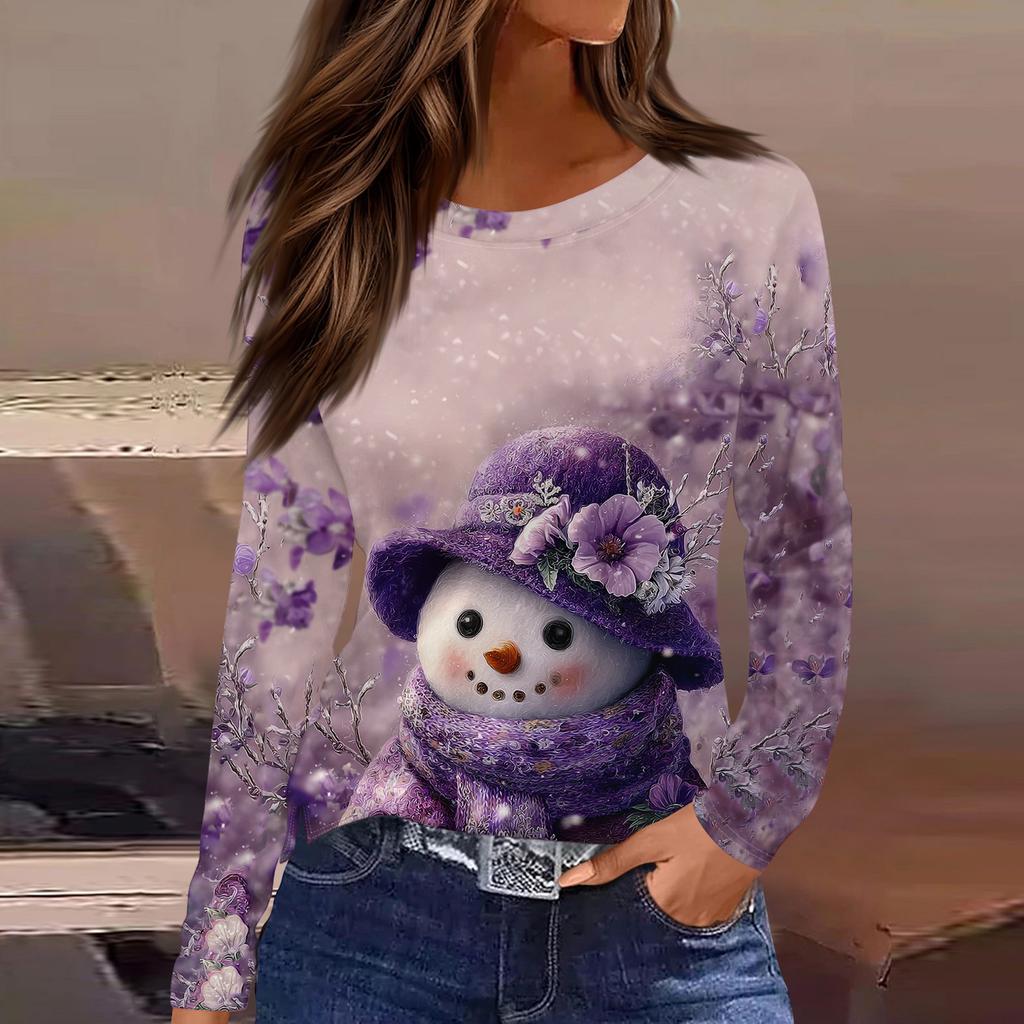 Women's Fashion Casual Slit Hem Round Neck Long Sleeve Loose Printed T-Shirt Ladies Top Christmas