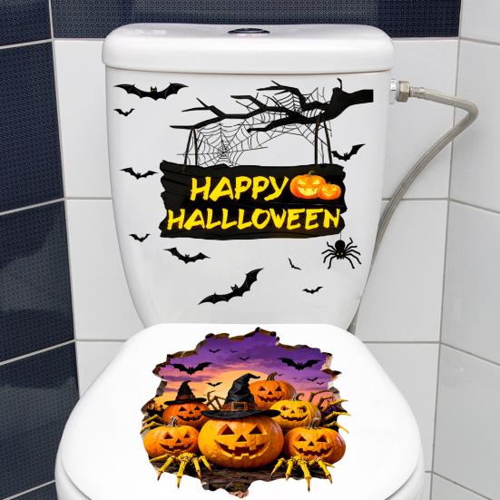 2Pcs Toilet Stickers, Halloween 3D Pumpkin & Bat Sticker, Waterproof Bathroom Decor, Removable Toilet Seat Cover Art, Residue-Free Wall Tile