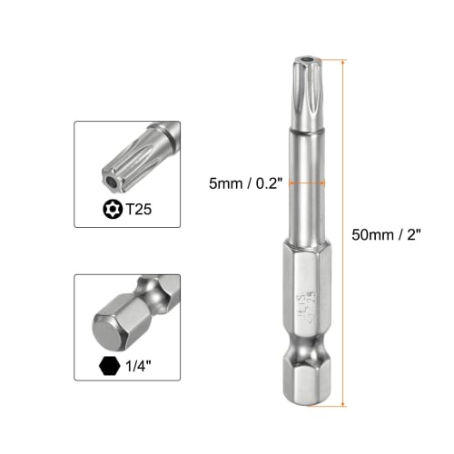 uxcell 2-Piece Set of T25 Driver Bits, 1/4" Hex Shank, 50mm, S2 Steel, Magnetic, Torx Driver Bits, Tamper-Resistant, Star Bit, Torx Head for Drivers,