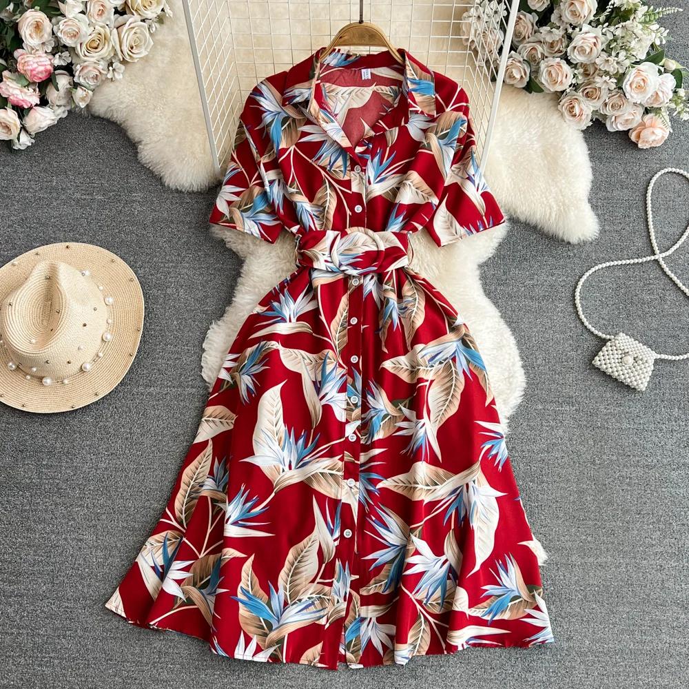 New Summer Women Dress Fashion Print Floral A-line Shirt Dress with Belt Elegant Vintage Off Lady Dress Casual Dresses
