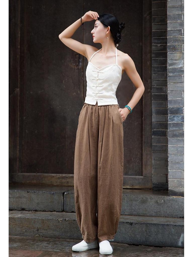 2025 Spring/Summer Women's Cotton Linen Slimming Lantern Pants - Sand Washed Loose Fit.