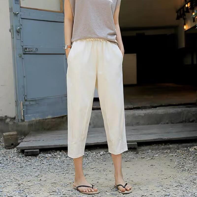 

Эластичная талия, свободные брюки гаремы, стройнящие - Большой размер, повседневные укороченные хлопково-льняные брюки для женщин, 2023 весна/лето, универсальный художественный дизайн M белый