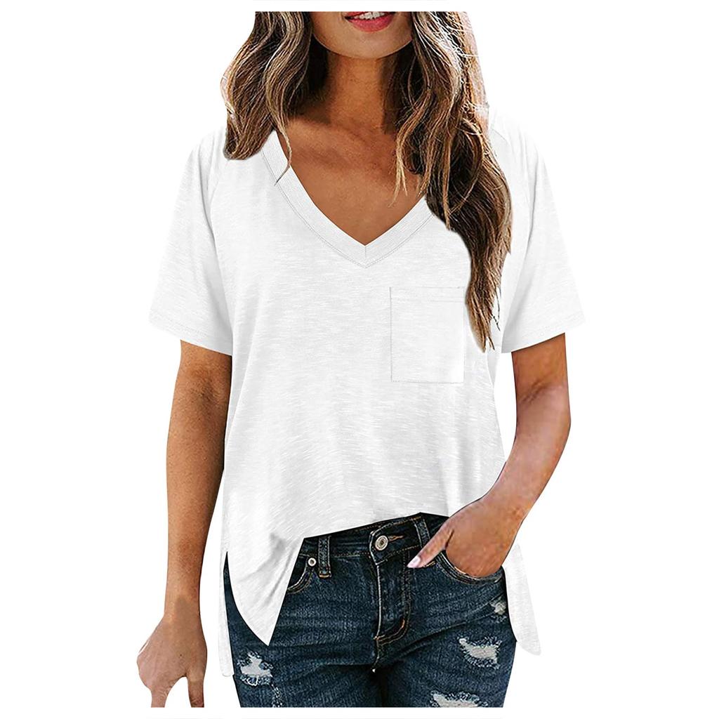 Women's Fashion Casual V-Neck Solid Color Flowy Loose Short-Sleeved T Shirt Top