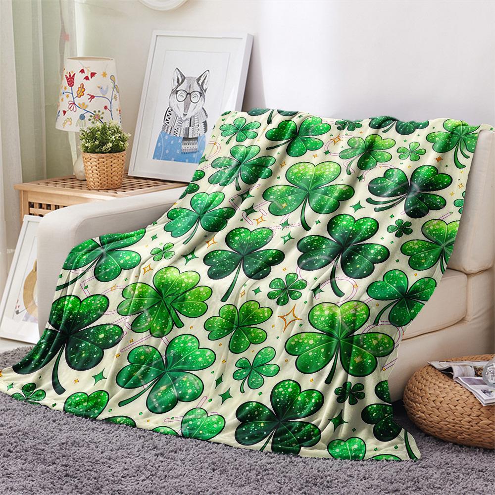 1PC Four-leaf clover Print FlAannel Blanket, High quality Comfortable for All Seasons, Home Decor, Warmth and Comfort
