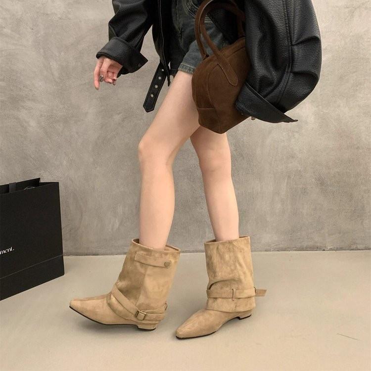 Skinny belt buckle short tube thick heel short boots Spice girl style pants tube pointed short boots women's boots locomotive new black