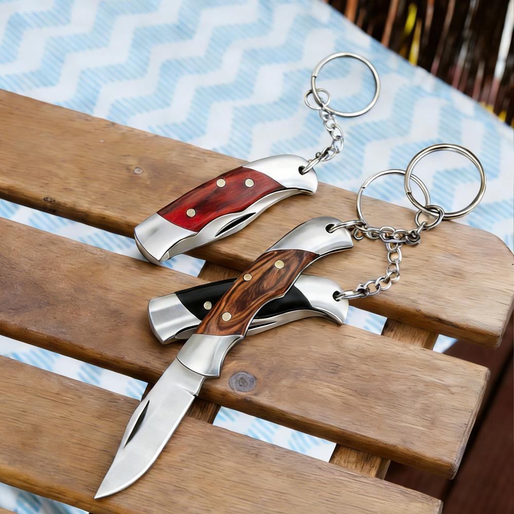 Portable Stainless Steel Mini Folding Knife, Colored Wood Handle Keychain, Durable EDC Tool for Camping & Everyday Carry
