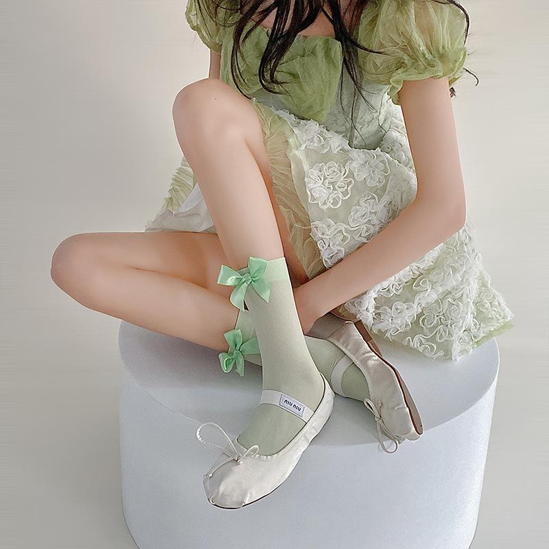 Bow Socks Spring/Summer Thin Mid-calf Socks Velvet Ice Silk Candy-colored Dui Dui Lolita Thigh-high Socks