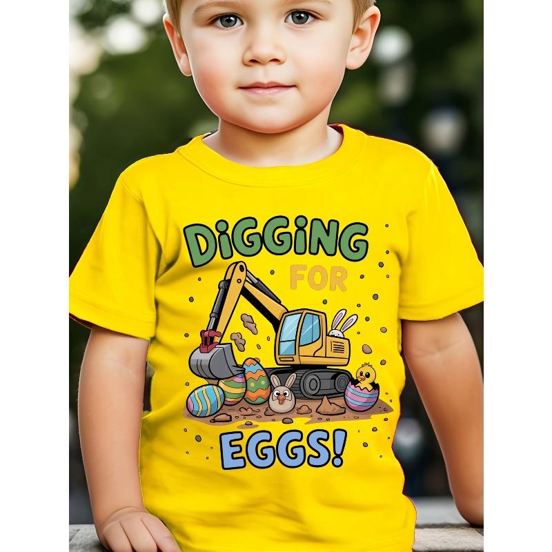 European sizes Easter WML Boys "Digging for Eggs" Fashion Egg Digger Print Casual Spring/Summer Short Sleeve T-Shirt