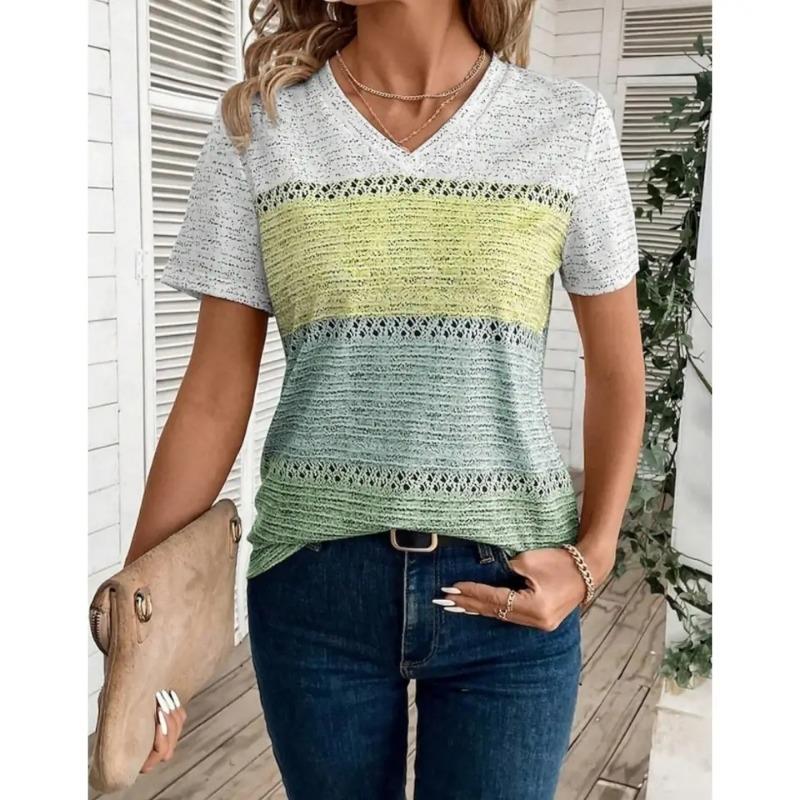 Summer Women Short Sleeve V-Neck Plus Size T Shirt For Women Fashion Ladies T-Shirt  Retro Striped Print Tops Casual Clothes