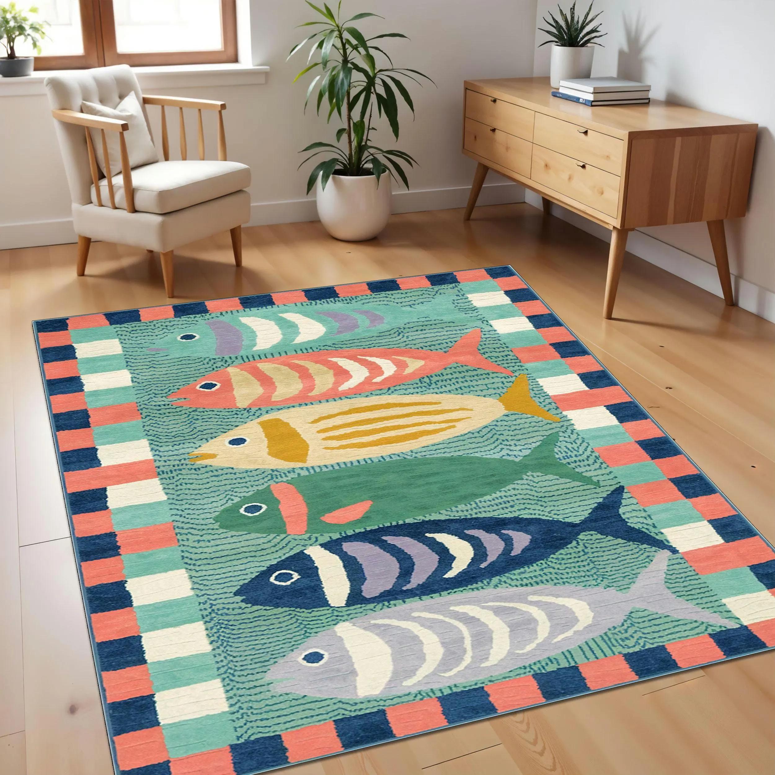 

Ковер на рыбную тематику, красочный дизайн океана, нескользящий, мягкий и прочный, идеально подходит для гостиной, детской комнаты или декора пляжного дома, напольный коврик 40x60cm16x24in