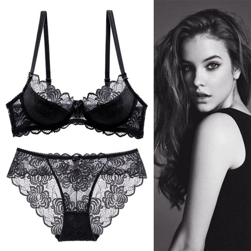 European and American Bra Set with Underwire and No Sponge Thin Double-layer Mesh Lace Underwear