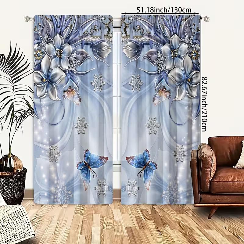2 Pcs Blue Flower Butterfly Print Curtains,suitable for Bedroom,living Room Kitchen Decoration,home Decoration,window Decoration