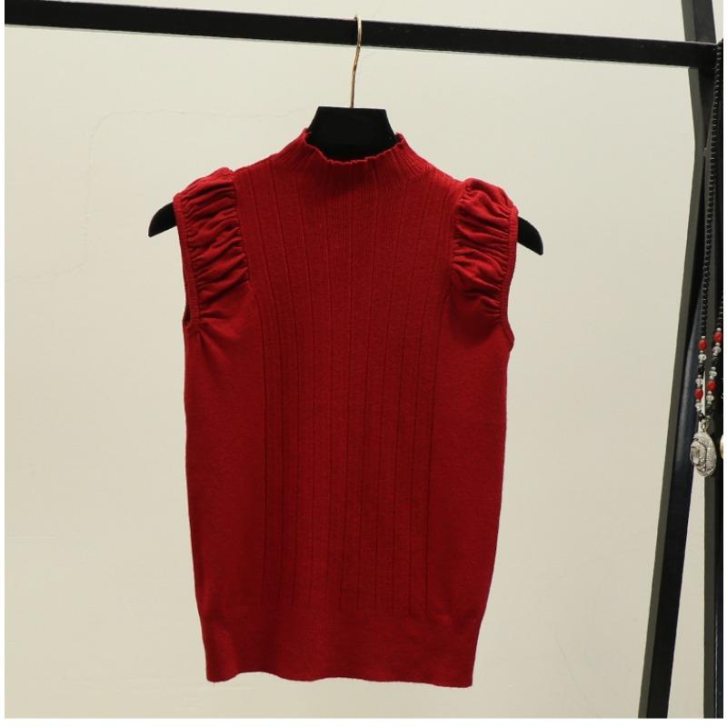 Summer New Simple Solid Color Semi-turtleneck Pleated Pullover Sweater Women Wear Sleeveless Vest Top