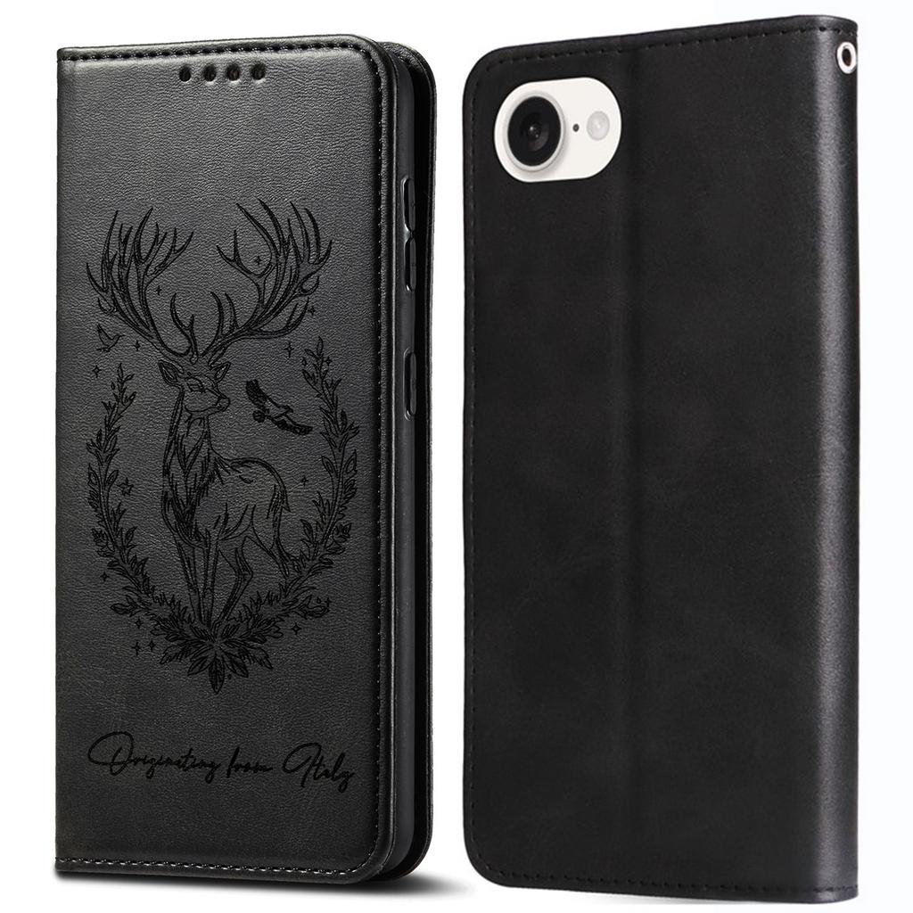 For iPhone 16e Stand Case Lucky Deer Imprinted Magnetic Closure Leather Wallet Phone Cover