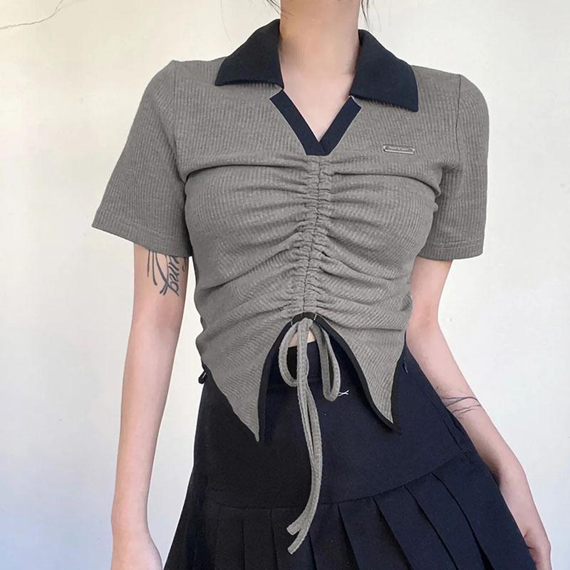 Short Slim Top for Women Vintage V-neck Drawstring Pleated Short Sleeve Top Summer Sexy Irregular T-shirt Gothic Korean Crop Top