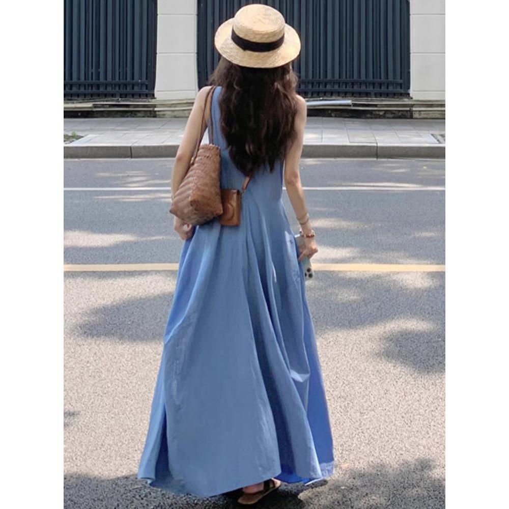 Temperament Blue Vest Dress Women's Clothing Summer New Casual Seaside Vacation Waist Slim Skirt
