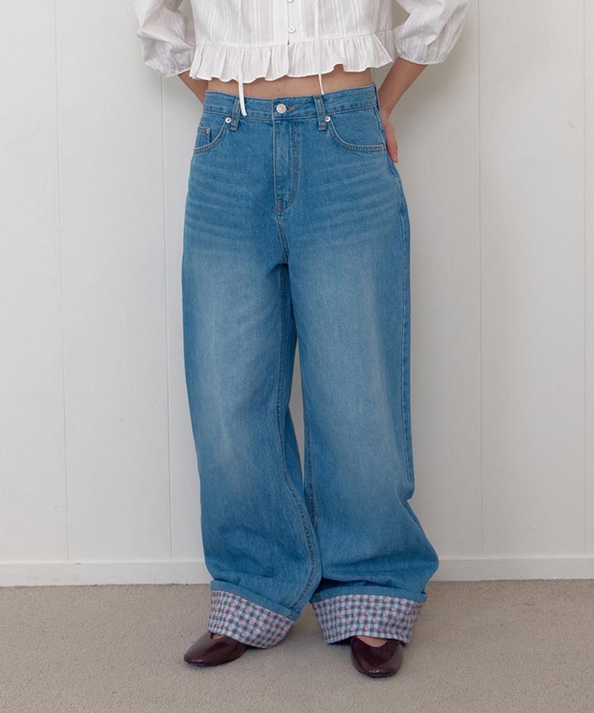 Selliteiljeu Check Flower Roll-Up Denim Pants_Blue