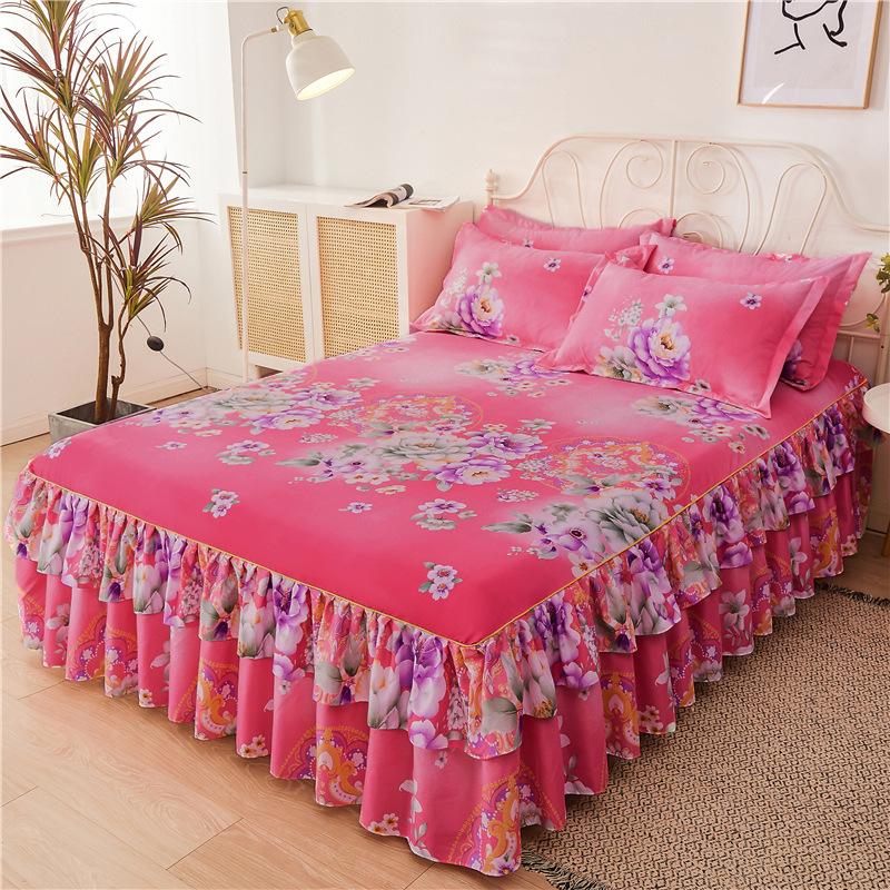 Home Decoration Brushed Printed Bed Skirt Bedding Three-piece Set Pillow Case Bed Cover