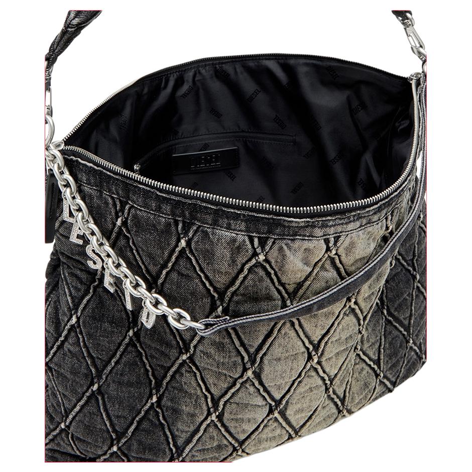Diesel Rautenmuster Kette Dekoration Design Stoff Hobo Schultertasche Groß Damen Taschen Schwarz X10363P6330