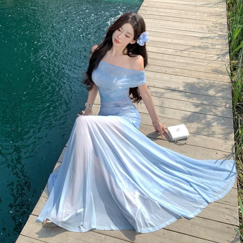 French Beautiful Blue Slanted Shoulder Dress Women's Summer Seaside Vacation Slim-fitting Sexy Hot Girl Hip-wrapped Dress