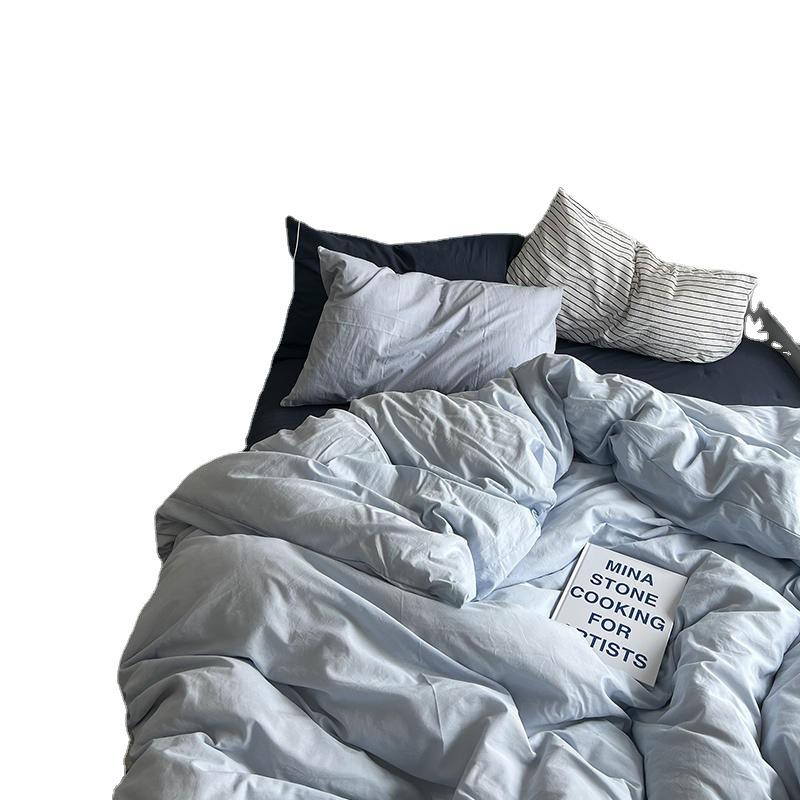 60 Thread Count Washed Cotton Solid Color Woven Four Piece Bed Sheet Fitted Sheet Style Simple and Fresh Three Piece Student Bed Set