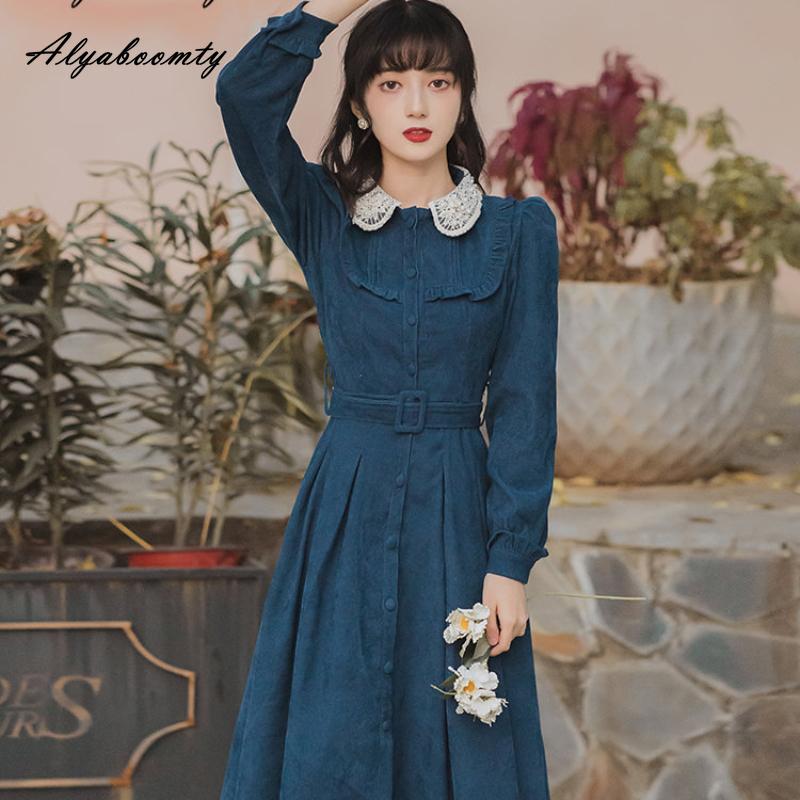 Mori Girl Autumn Winter Women Long Shirt Dress Blue Beading Vintage Buttons Dress Corduroy Elegant Feminine Dress With Belt