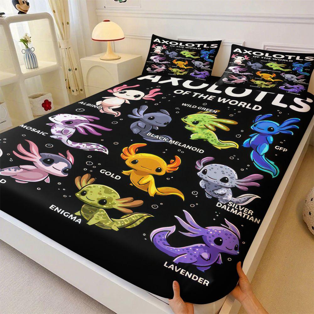 AXOLOTLS OF THE WORLD Fitted Sheet Set (1 Fitted Sheet + 2 Pillowcases) Soft Microfiber Bedding Set for Bedroom Guest Room