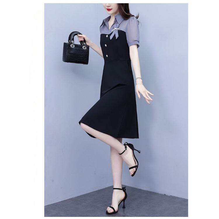 Summer Slimming Short Sleeve Dress with Pearl Splicing Youthful and Belly Covering