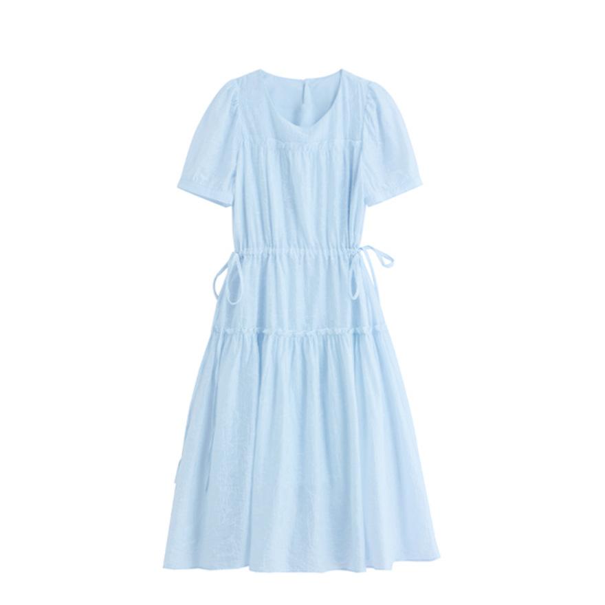Summer new design sense elegant temperament round neck wooden ear edge fresh waist dress women