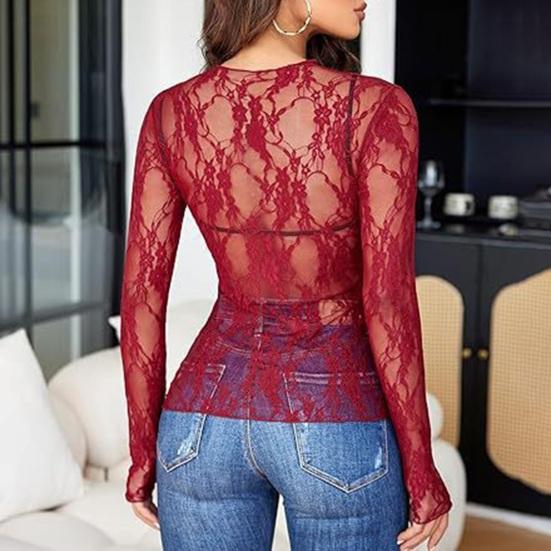 Topuri de damă, guler simulat, cu mânecă lungă, bluze slim fit, sexy, transparente, florale