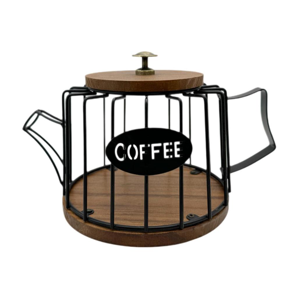 Coffee Pod Holder Storage Basket,Wooden Base,with Lid Metal Sturdy Organizer Coffee Capsule Holder for Kitchen Counter Home