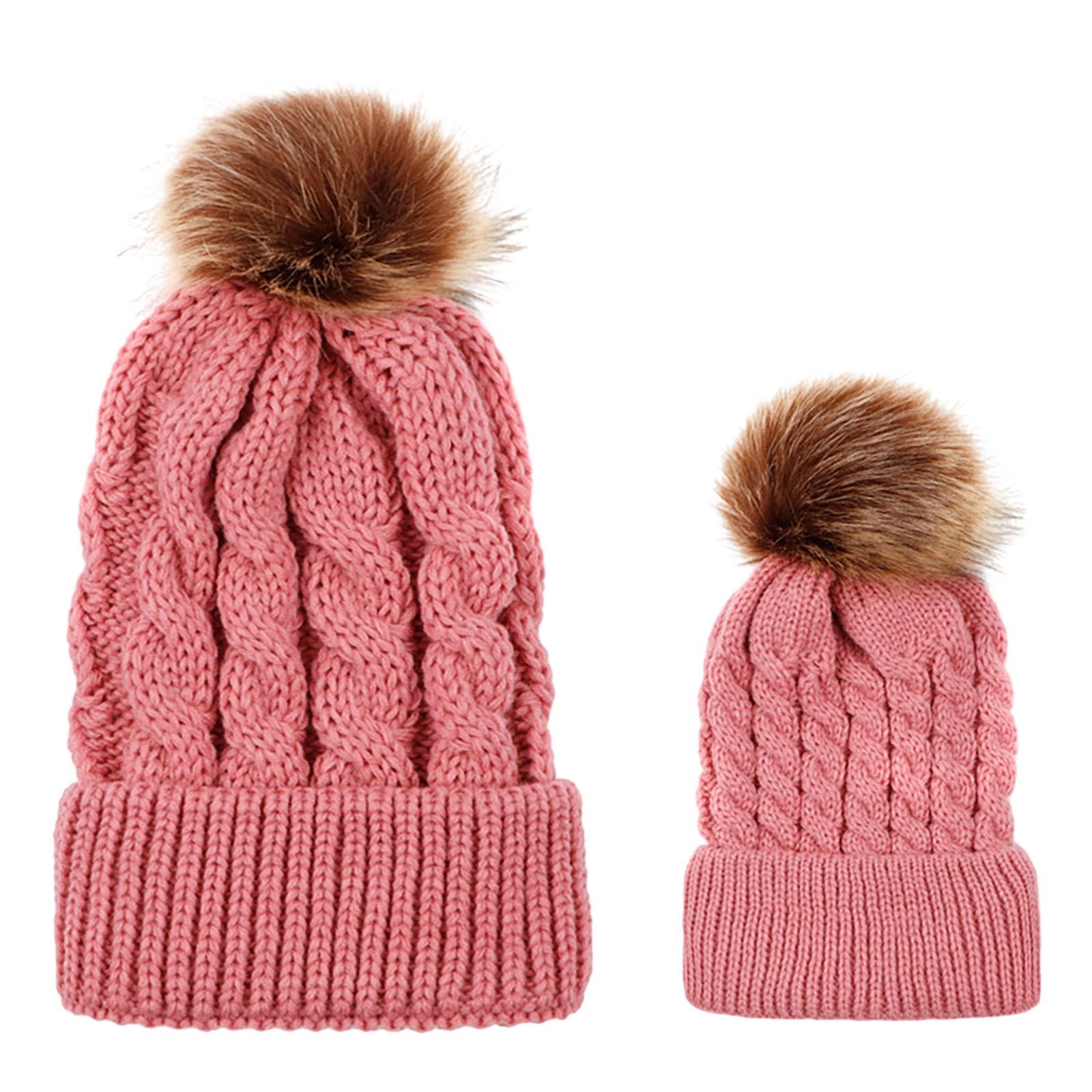 

Mommy And Me Hats Parent-Child Knitted Earflap Cap Mother Baby Knit Hat Pompoms Winter Hat One Size рожевий