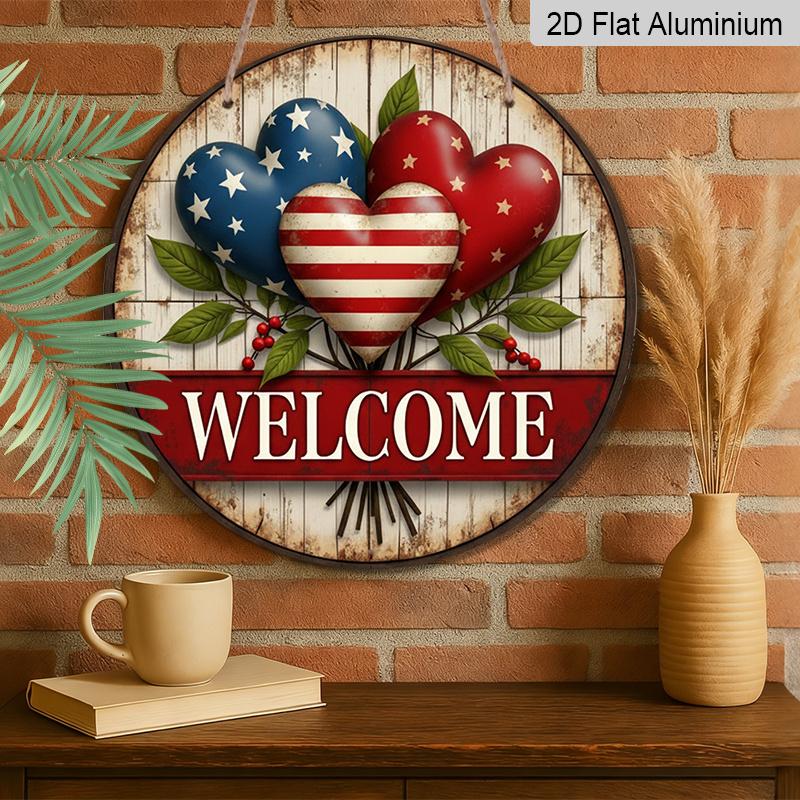 2D Flat, 1pc Vintage Patriotic Heart Metal Wall Sign - 7.87-Inch Flag & USA Map Heart, Waterproof Fade-Resistant / Decoration Suitable for Porch