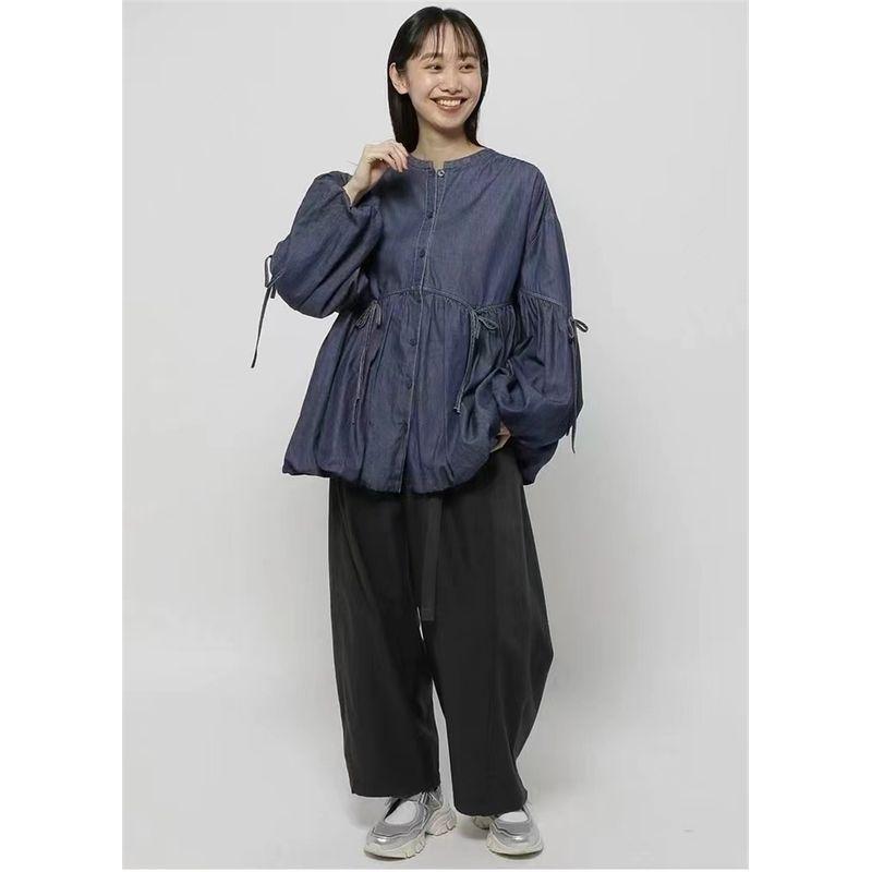 

Japanese Single Shoelace Elbow Long Sleeves Denim Shirt Women 2025 Spring New Arrival Pure Cotton Loose Mid Length Long Length Plus Size Outwear Dark Blue One size
