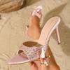 Luxury Rhinestone Decorate Slippers Women Fashion Pointed Toe Leopard Print Thin Heel Slide Sandals Sexy Open Toe Designer Shoes