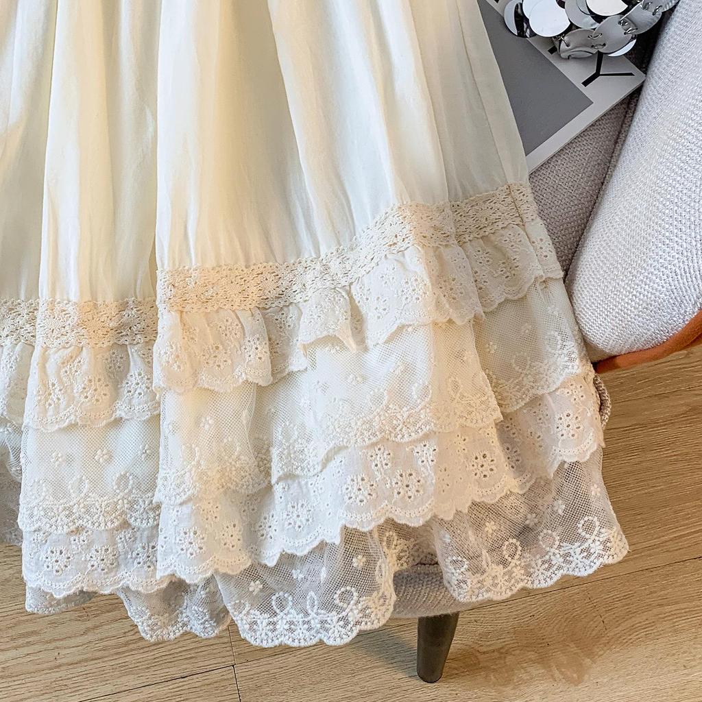 Retro Forest-Style Lace Mesh Cotton Midi Skirt for Women