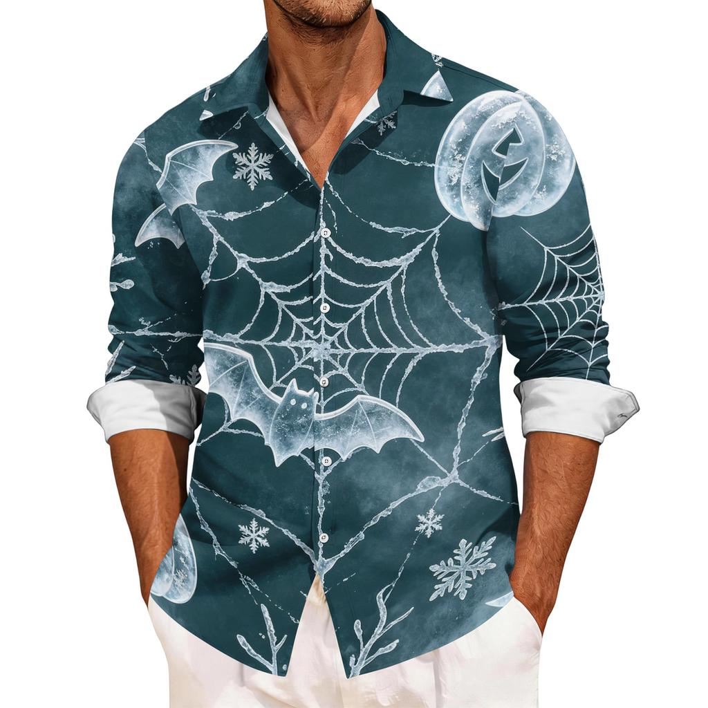 Men's Loose Fit Long Sleeve Shirt with Turn Down Collar Halloween Theme Vintage Casual Button Down Shirt for Spring Autumn Outdoor Daily Wear