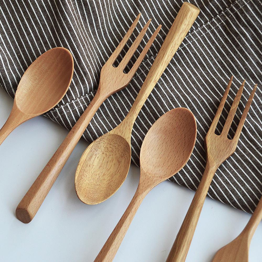 Dinner Portable Wood Handle Ice Cream Salad Kitchen Tableware Utensils Fork Wooden Spoon