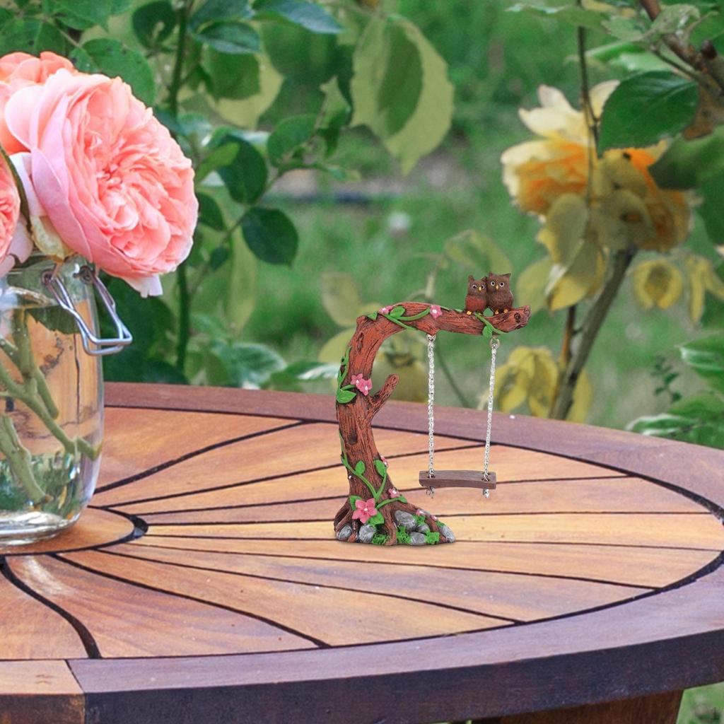 Couple Owls On A Tree Hanging Chair Figurine Aquarium Landscaping Sculpture Miniature Fairy Garden
