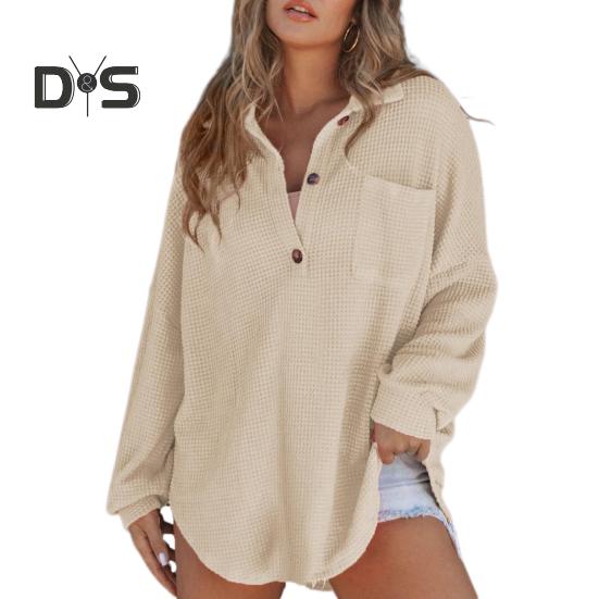 Women Tops Lapel Buttons Half Placket Long Sleeve Pullover Tops Solid Color Waffle Texture Stretchy Blouse Daily Wear