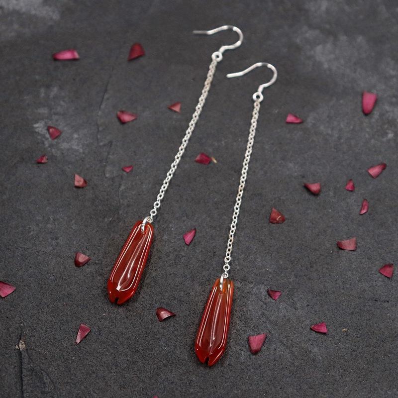 Natural Xiuyu petal earrings Sansheng III peach blossom earrings romantic retro temperament long earrings women