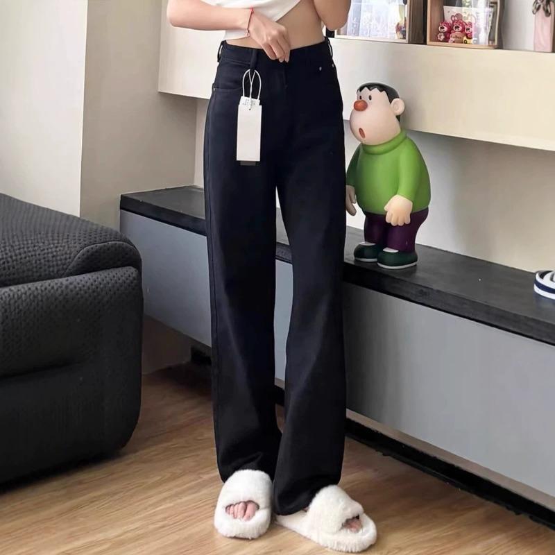 Black straight jeans women's autumn and winter new narrow version velvet high waist loose and thin wide-leg pants
