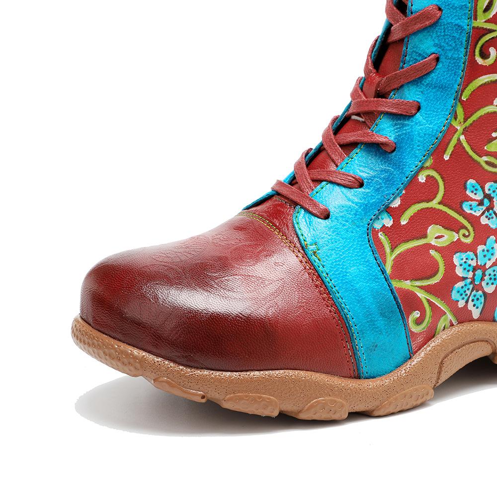 Johnature Damen-Stiefeletten im Ethno-Stil, handgefertigt, aus echtem Leder, mit Kontrastdruck, zum Schnüren, flache Schuhe, kurze Stiefel