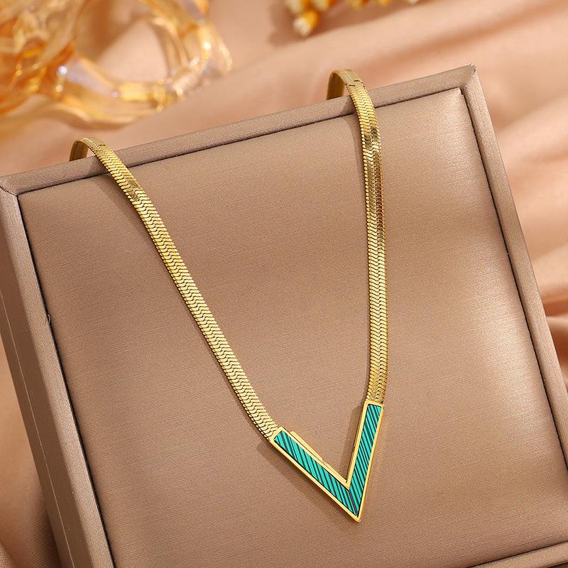 Elegant Titanium Steel V-Shaped Necklace with Letter and White Shell Pendant for Women