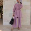 Women's Puff Sleeve Belted Blouse Wide Leg Pants Set Solid Color Casual Two Piece Outfit Islamic Modest Suit