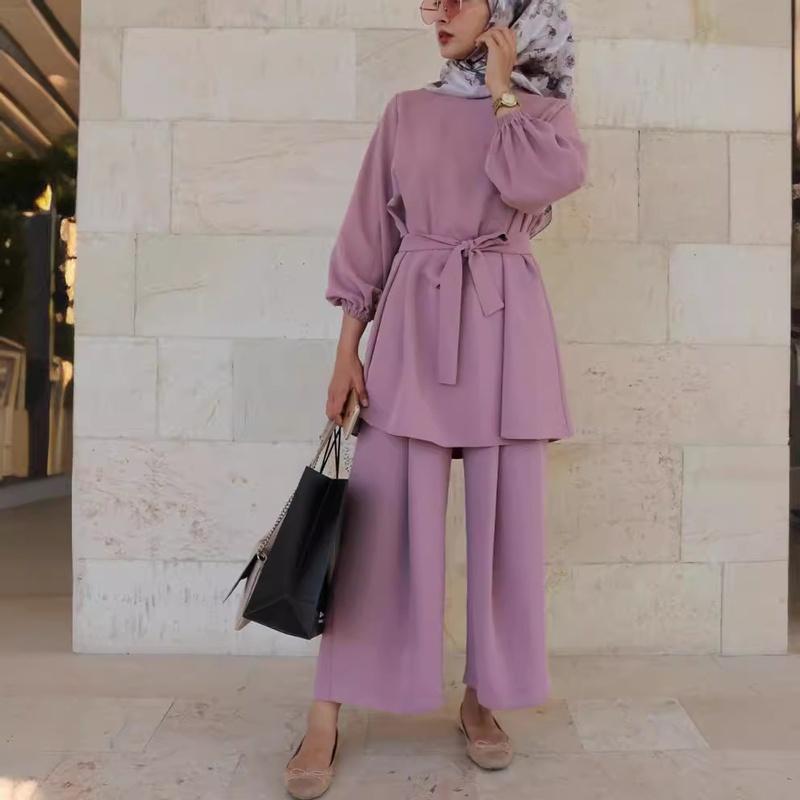 Women's Puff Sleeve Belted Blouse Wide Leg Pants Set Solid Color Casual Two Piece Outfit Islamic Modest Suit