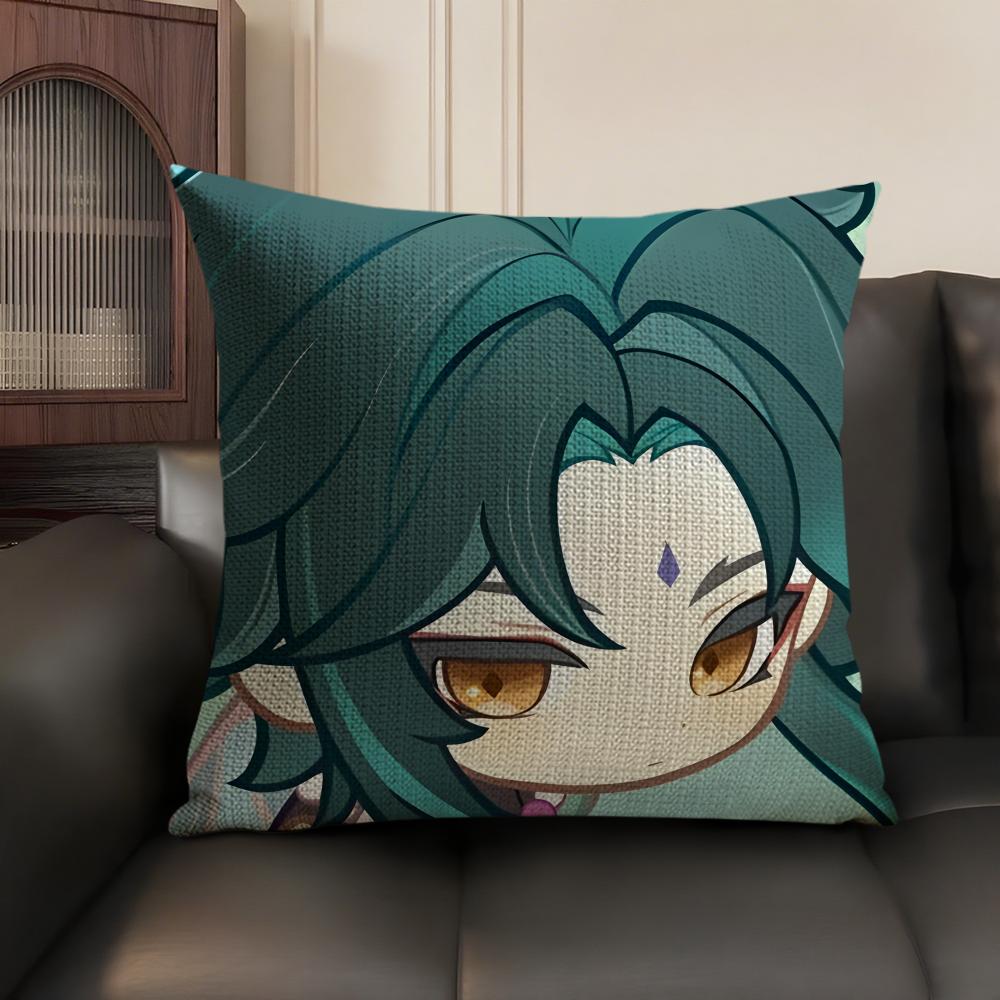 Xiao Cute Genshin Impact Cushion Cover Natural Linen Organic Fabric Double-Sided Printing Sofa Home Decor Gift Pillow Case